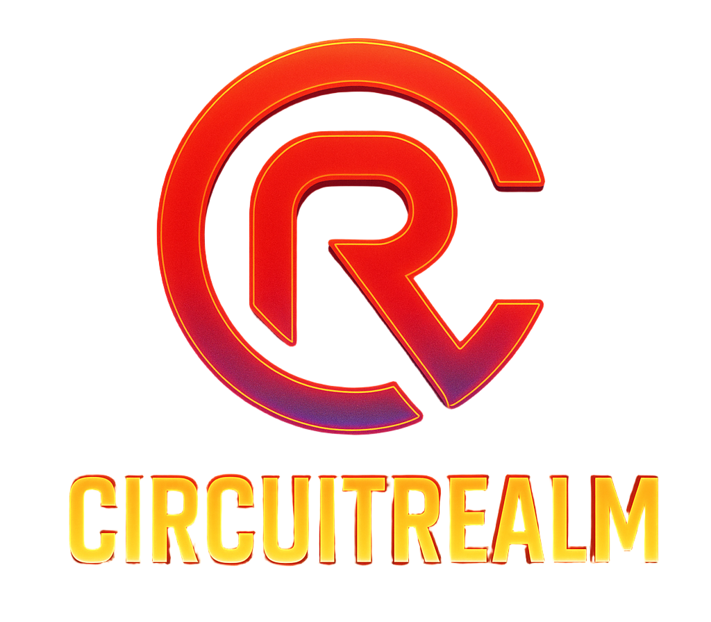 Neon logo with 'Circuitrealm' text against a space-themed background