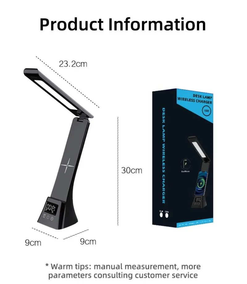 LED Desk Lamp with Wireless Charger USB Powered Dimmable Table Lamp with Clock Alarm Desk Lamps for Home Office Bedroom Bedside
