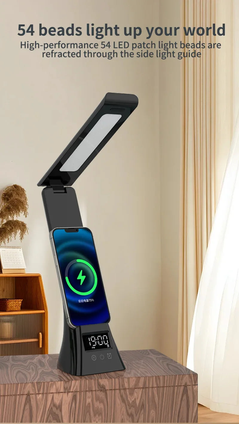 LED Desk Lamp with Wireless Charger USB Powered Dimmable Table Lamp with Clock Alarm Desk Lamps for Home Office Bedroom Bedside