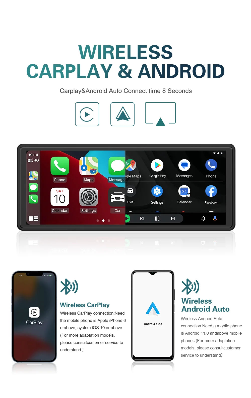 Universal Portable Carplay for Car Screen, Wireless Carplay Screen Wireless Car Stereo with Carplay Android Auto, Car Touchscree
