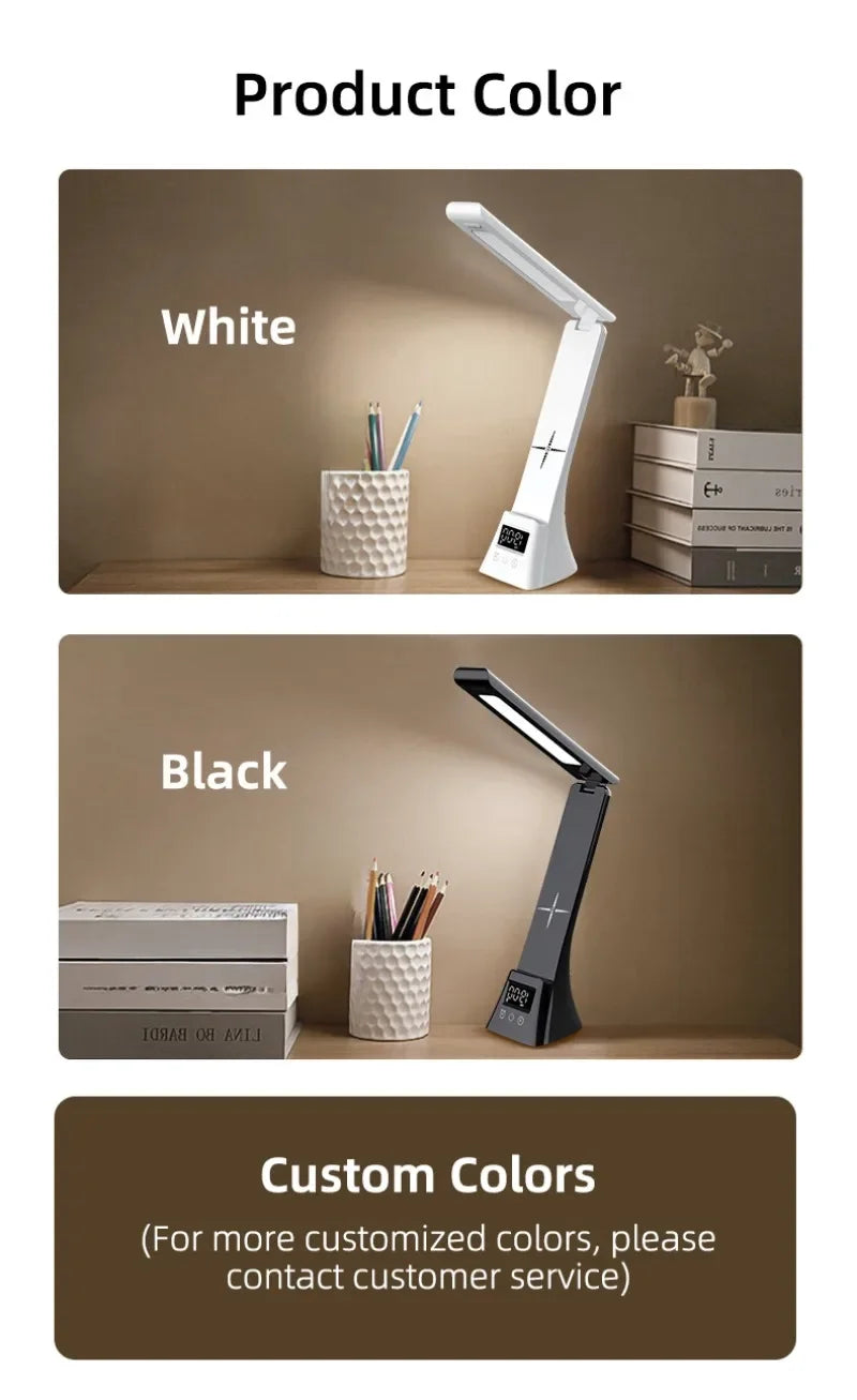 LED Desk Lamp with Wireless Charger USB Powered Dimmable Table Lamp with Clock Alarm Desk Lamps for Home Office Bedroom Bedside