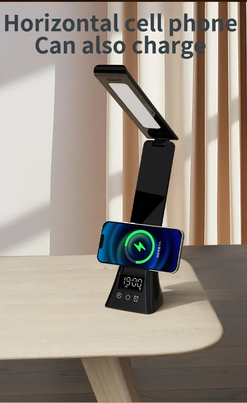 LED Desk Lamp with Wireless Charger USB Powered Dimmable Table Lamp with Clock Alarm Desk Lamps for Home Office Bedroom Bedside