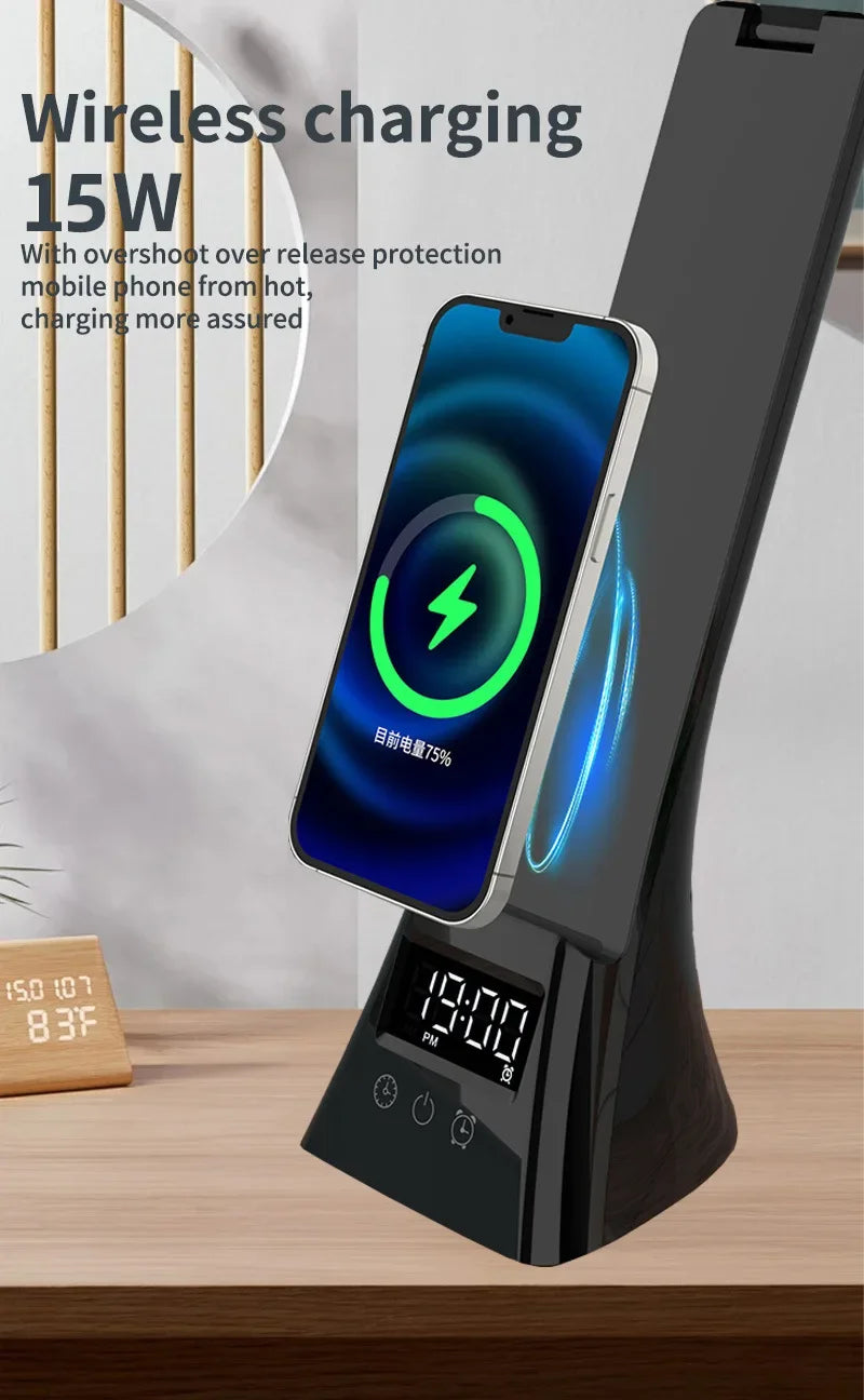LED Desk Lamp with Wireless Charger USB Powered Dimmable Table Lamp with Clock Alarm Desk Lamps for Home Office Bedroom Bedside