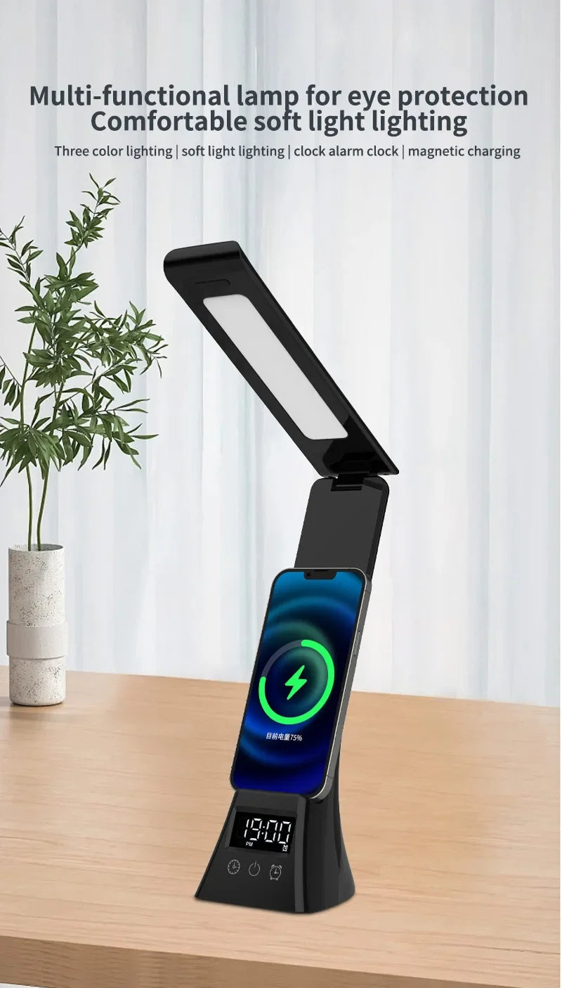 LED Desk Lamp with Wireless Charger USB Powered Dimmable Table Lamp with Clock Alarm Desk Lamps for Home Office Bedroom Bedside