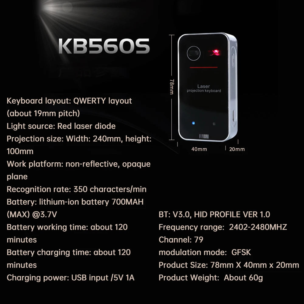 Laser Keyboard Mini Virtual Keyboard Wireless BT Connect Suitable for Phone Pad Laptop Tablets Compatible with Windows XP & iOS8