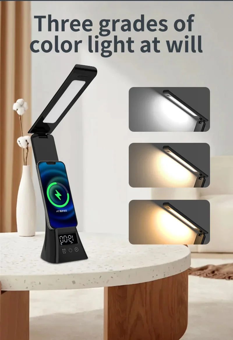 LED Desk Lamp with Wireless Charger USB Powered Dimmable Table Lamp with Clock Alarm Desk Lamps for Home Office Bedroom Bedside