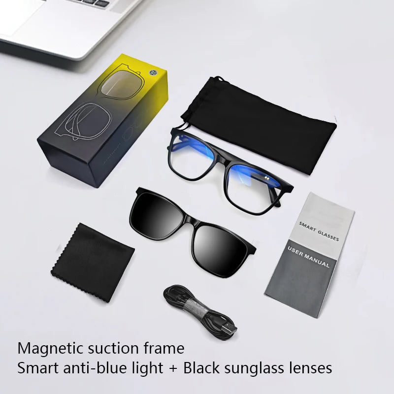 Magnetic Smart Glasses:Blue Light Filtering Polarized Sunglass 2in1 Lenses Audio Built-in Mic & Speakers Touch & Voice Assistant
