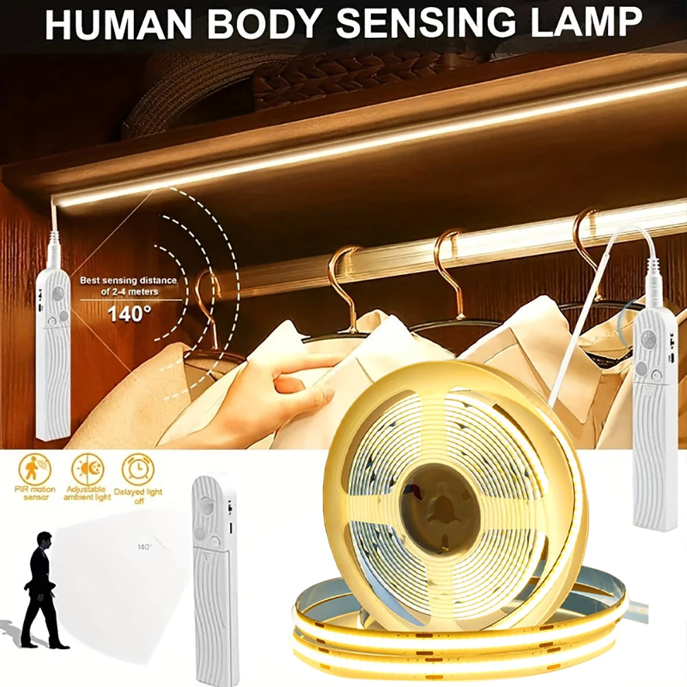 Motion Sensor Led Lights Strip Battery Powered 320 Leds/m COB Led Strip Lights for Stair Bedroom Closet Under Cabinet Lighting
